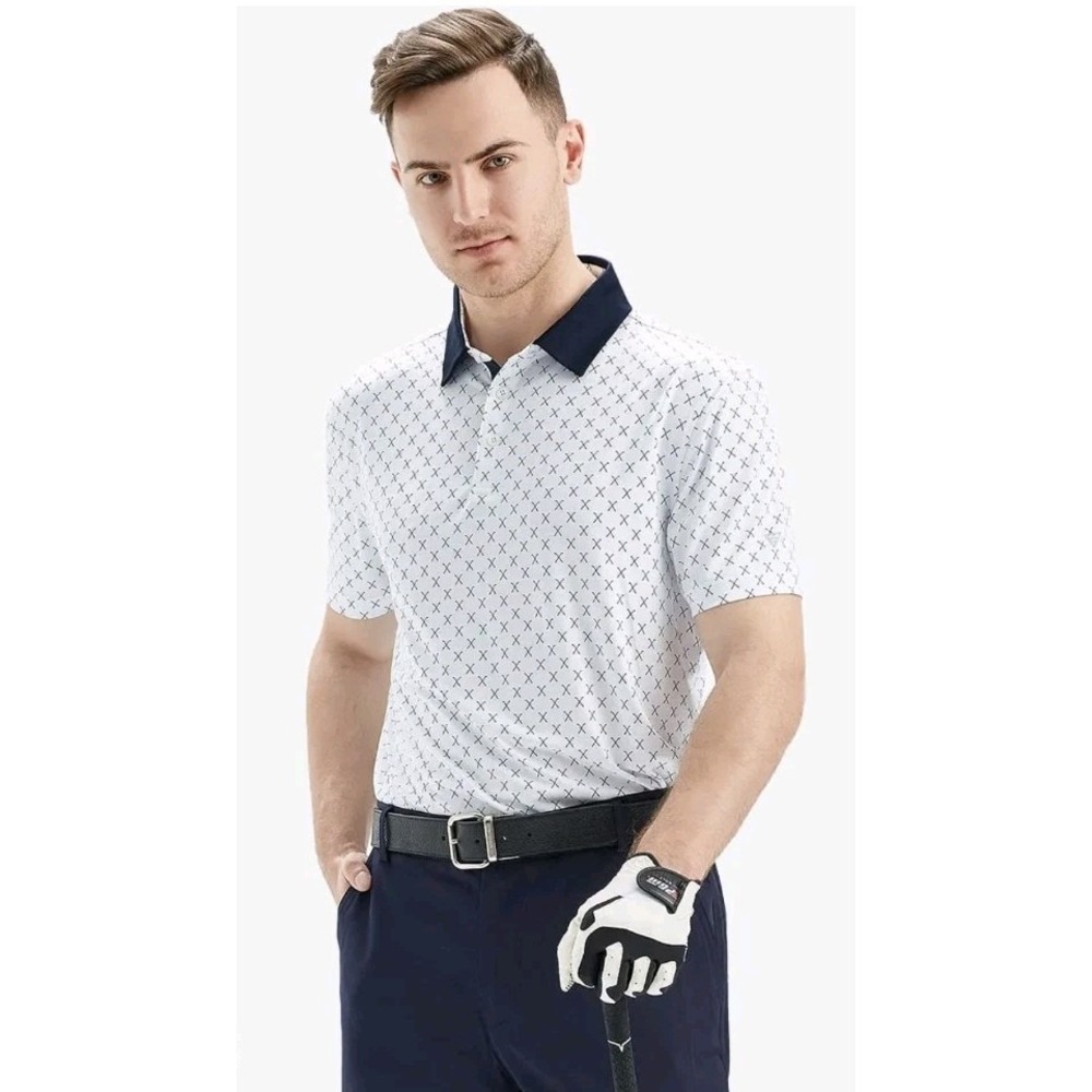 Maelreg PERFORMANCE‎ QUICK DRY PRINT GOLF POLOS L Patriotic Cart White EUC